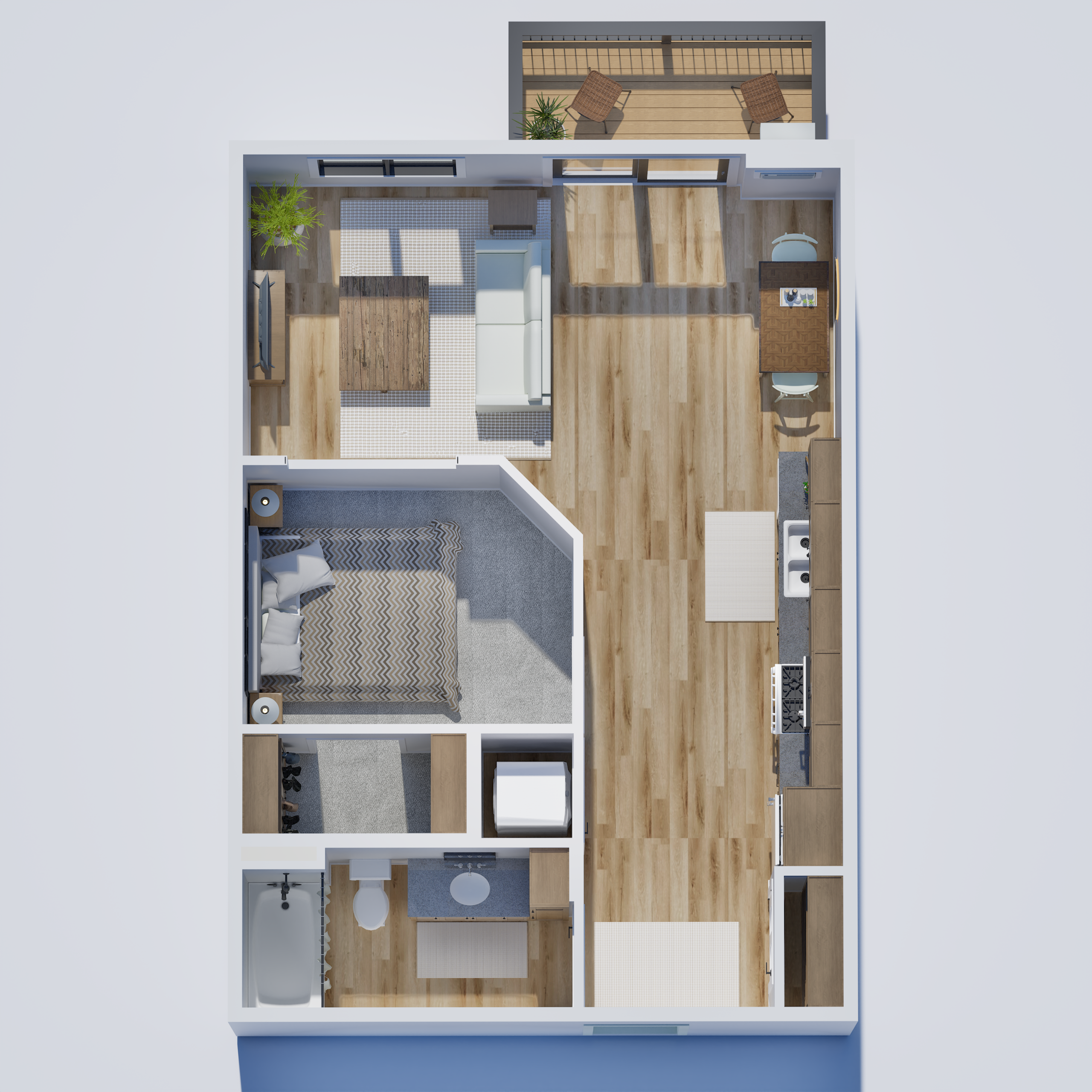 A one bedroom apartment layout.